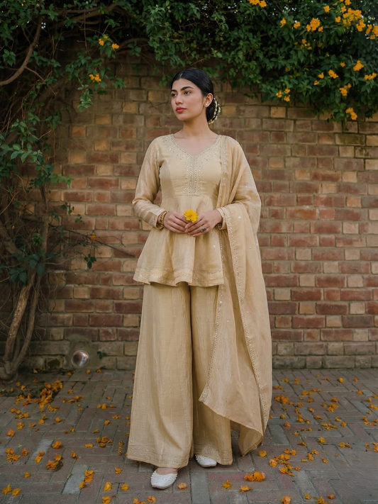 Off White Embroidered Peplum Top with Sharara Set