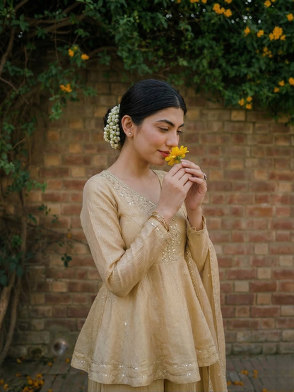 Off White Embroidered Peplum Top with Sharara Set