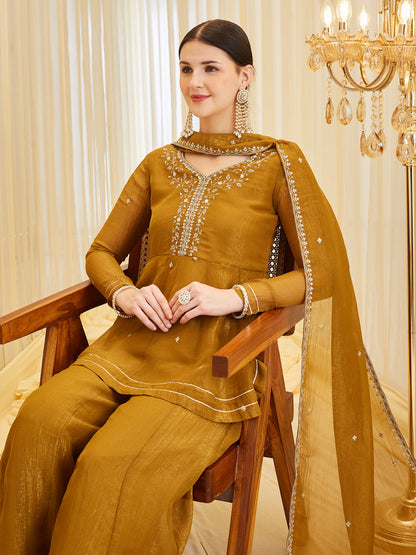 Mustard Silk Embroidered Peplum Kurta with Sharara Set