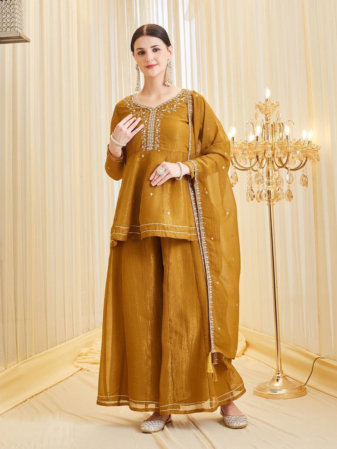 Mustard Silk Embroidered Peplum Kurta with Sharara Set