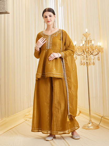 Mustard Silk Embroidered Peplum Kurta with Sharara Set