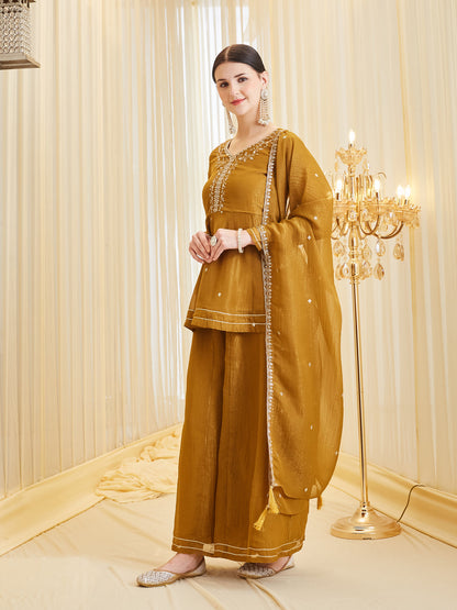 Mustard Silk Embroidered Peplum Kurta with Sharara Set