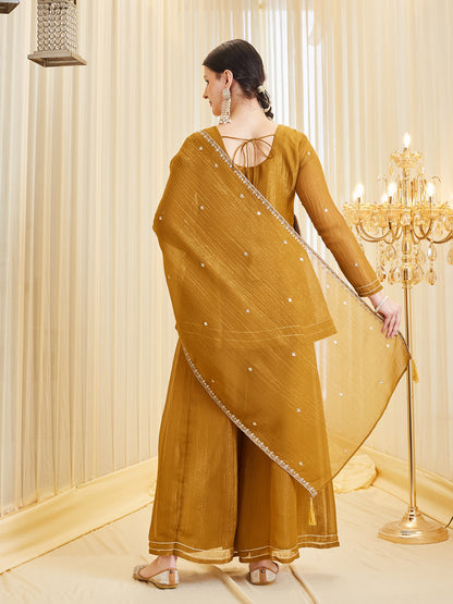 Mustard Silk Embroidered Peplum Kurta with Sharara Set