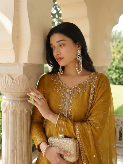 Mustard Silk Embroidered Peplum Kurta with Sharara Set