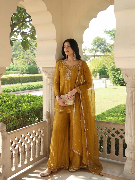 Mustard Silk Embroidered Peplum Kurta with Sharara Set