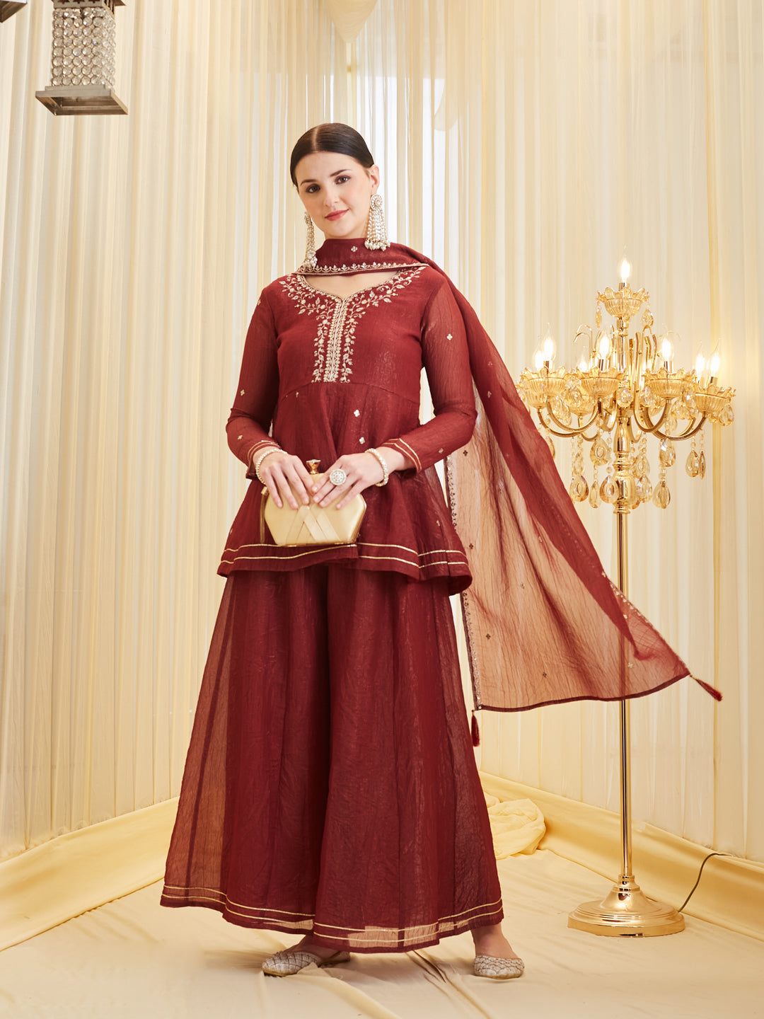 Berry Embroidered Silk Peplum Top with Sharara For women