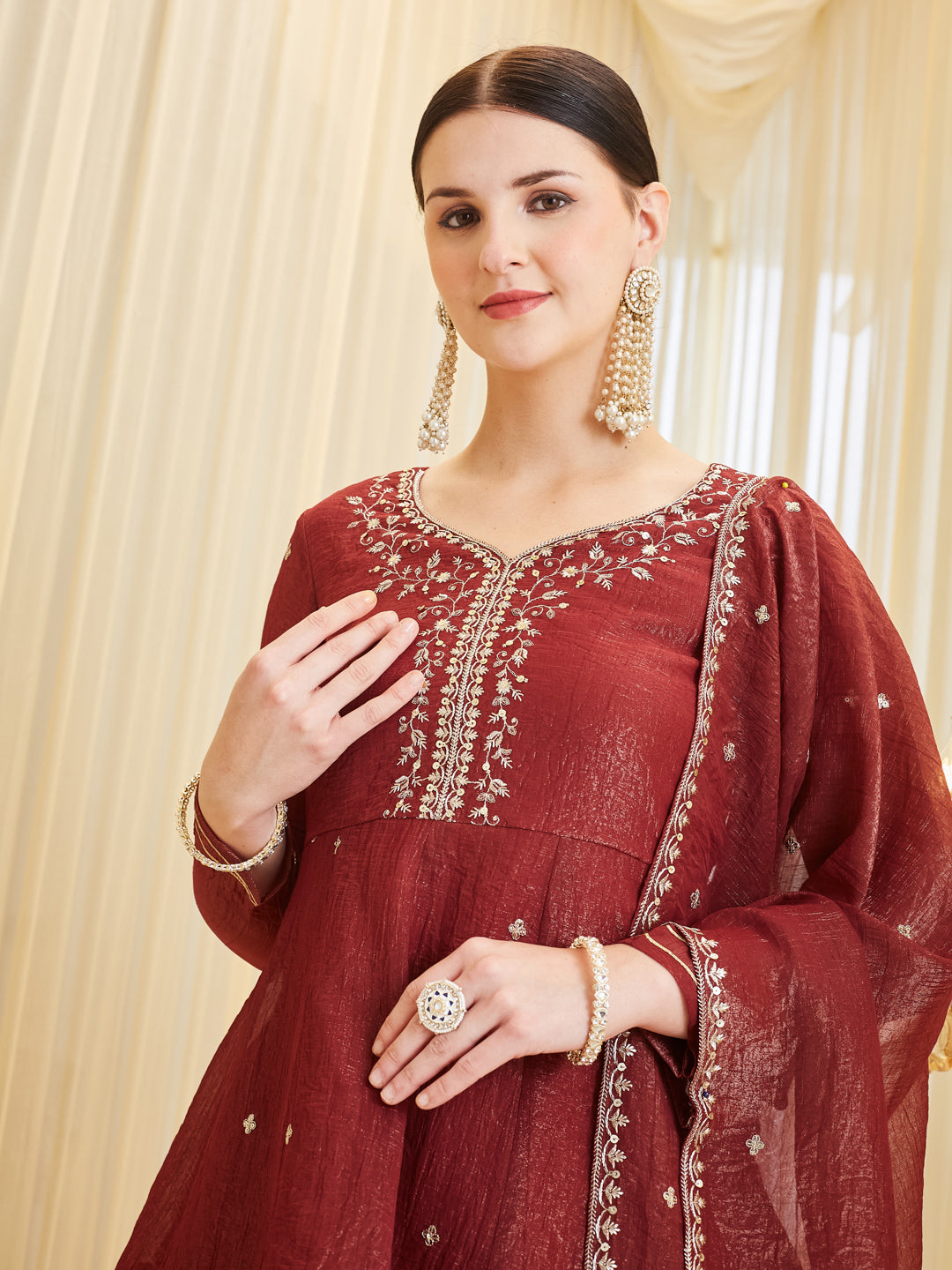 Berry Embroidered Silk Peplum Top with Sharara For women