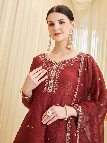 Berry Embroidered Silk Peplum Top with Sharara For women