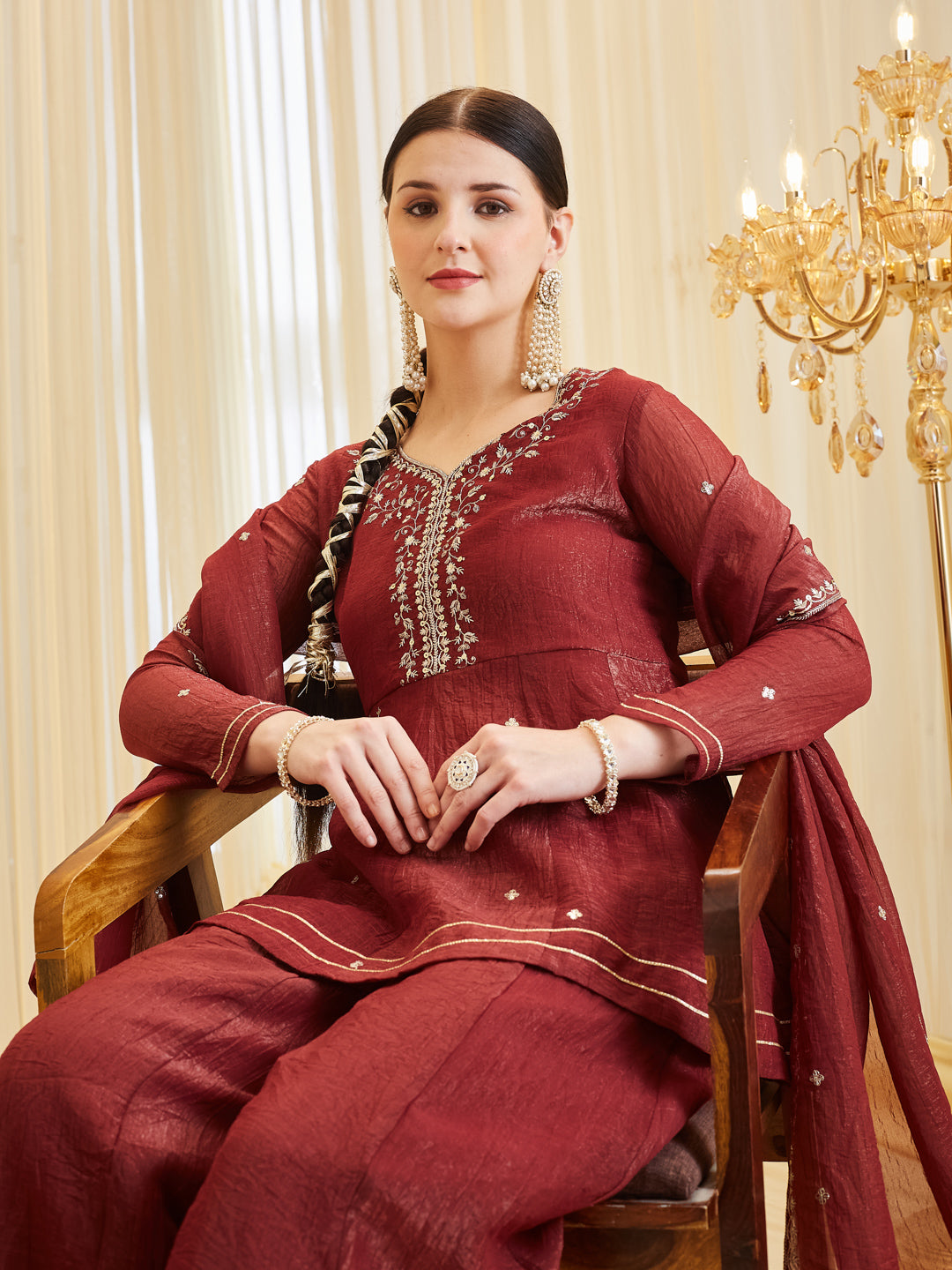 Berry Embroidered Silk Peplum Top with Sharara For women