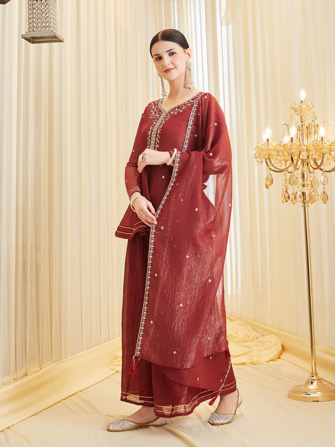 Berry Embroidered Silk Peplum Top with Sharara For women
