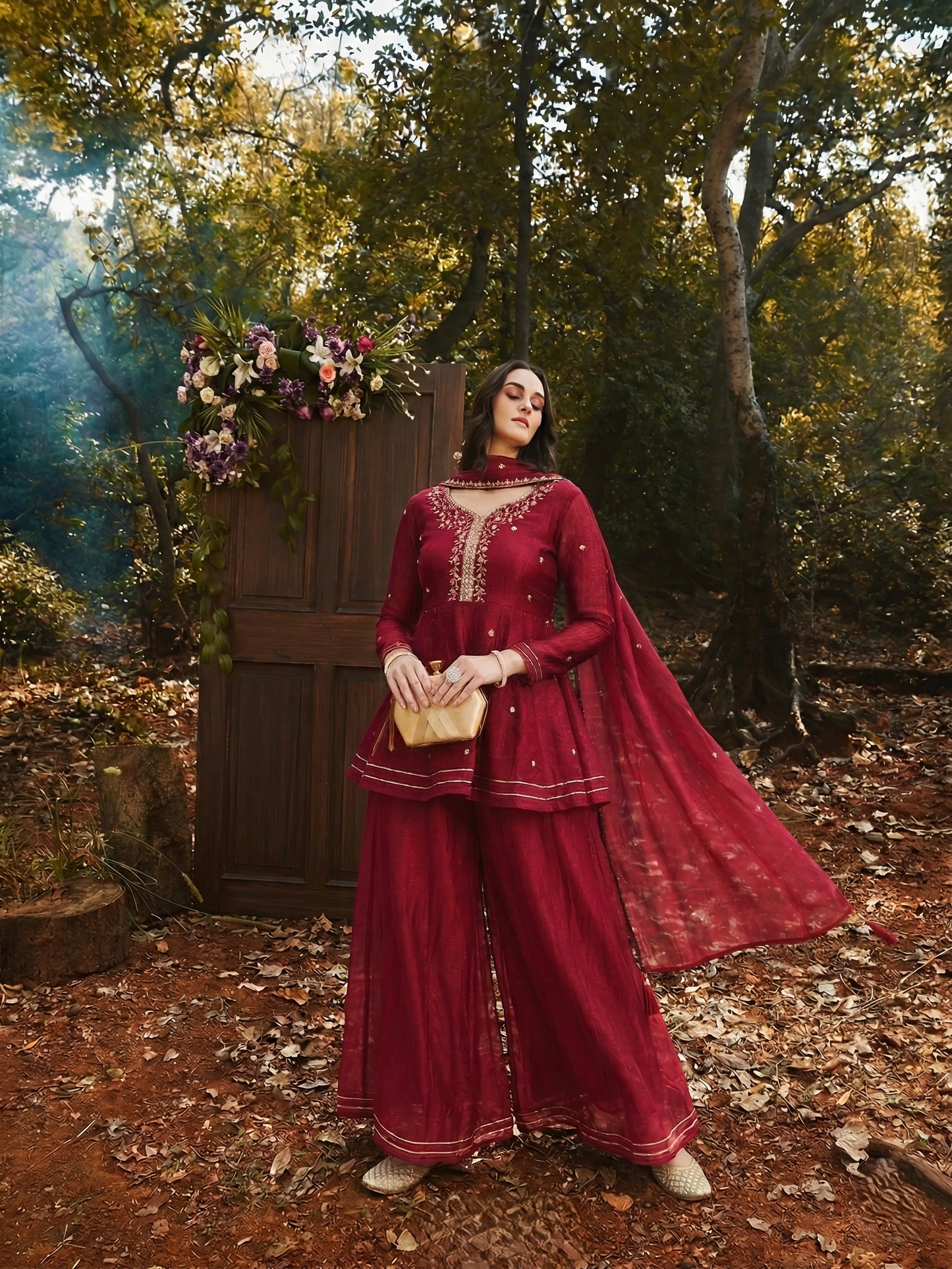 Berry Embroidered Silk Peplum Top with Sharara For women