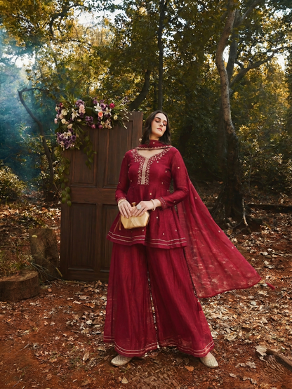 Berry Embroidered Silk Peplum Top with Sharara For women
