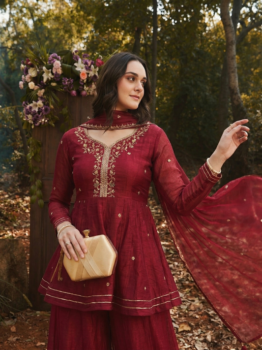 Berry Embroidered Silk Peplum Top with Sharara For women
