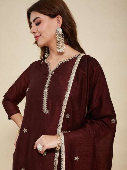 Coffee Embroidered Silk Kurta with Dupatta Set | silk kurta set for women | leftside view