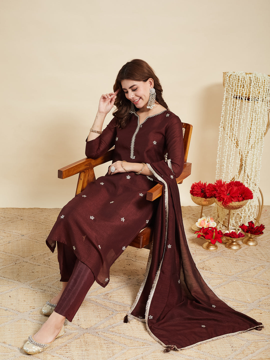 Coffee Embroidered Silk Kurta with Dupatta Set | silk kurta set for women 