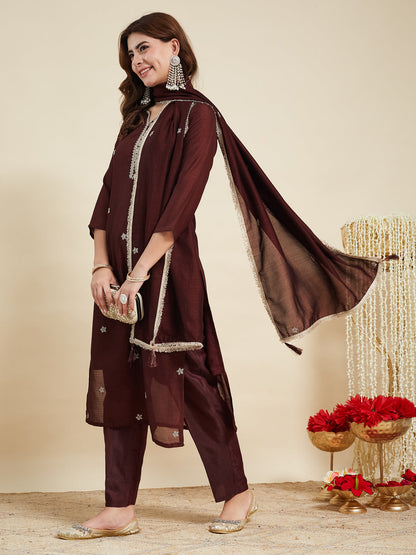 Coffee Embroidered Silk Kurta with Dupatta Set | silk kurta set for women | leftside view