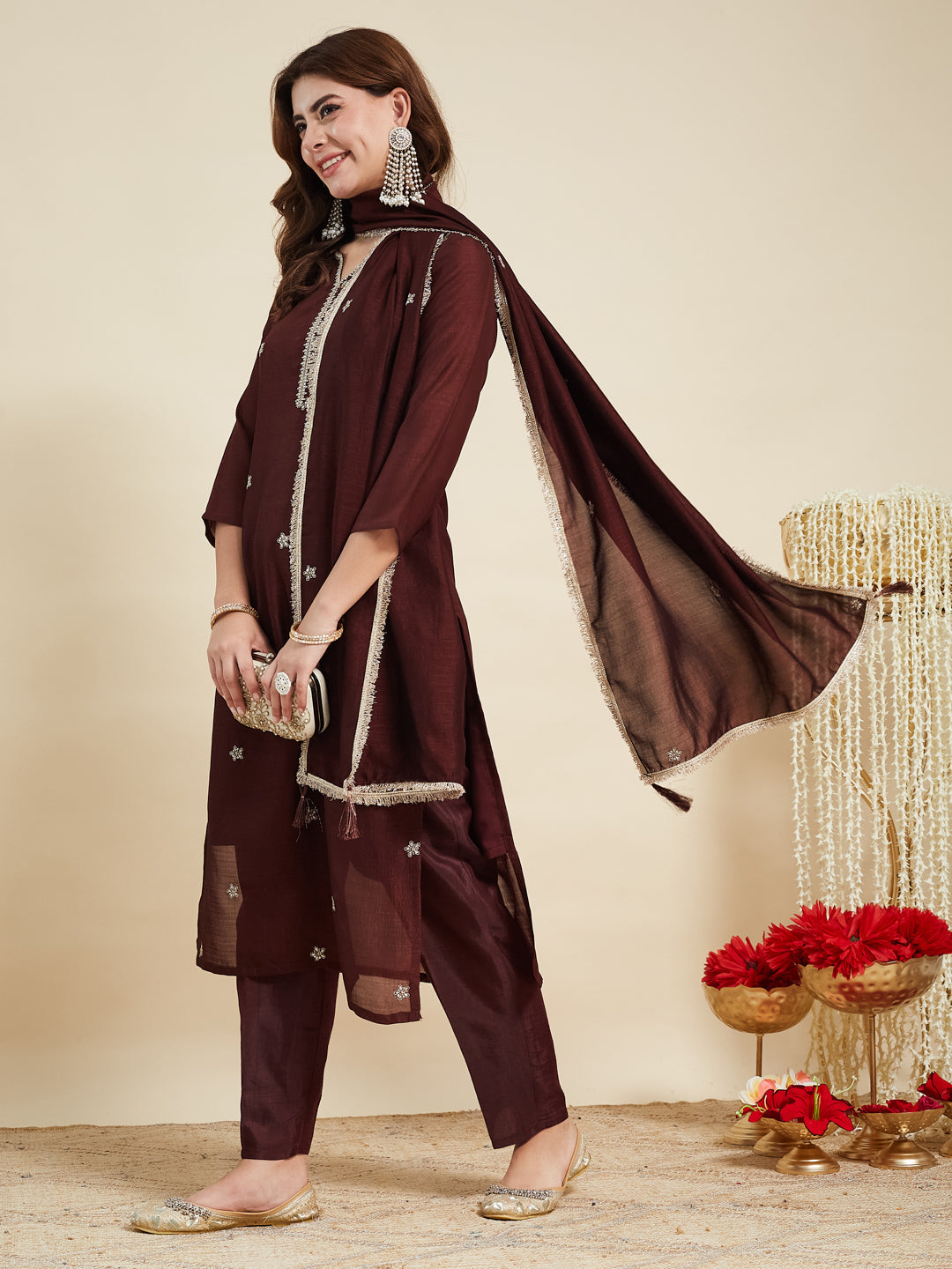 Coffee Embroidered Silk Kurta with Dupatta Set | silk kurta set for women | leftside view