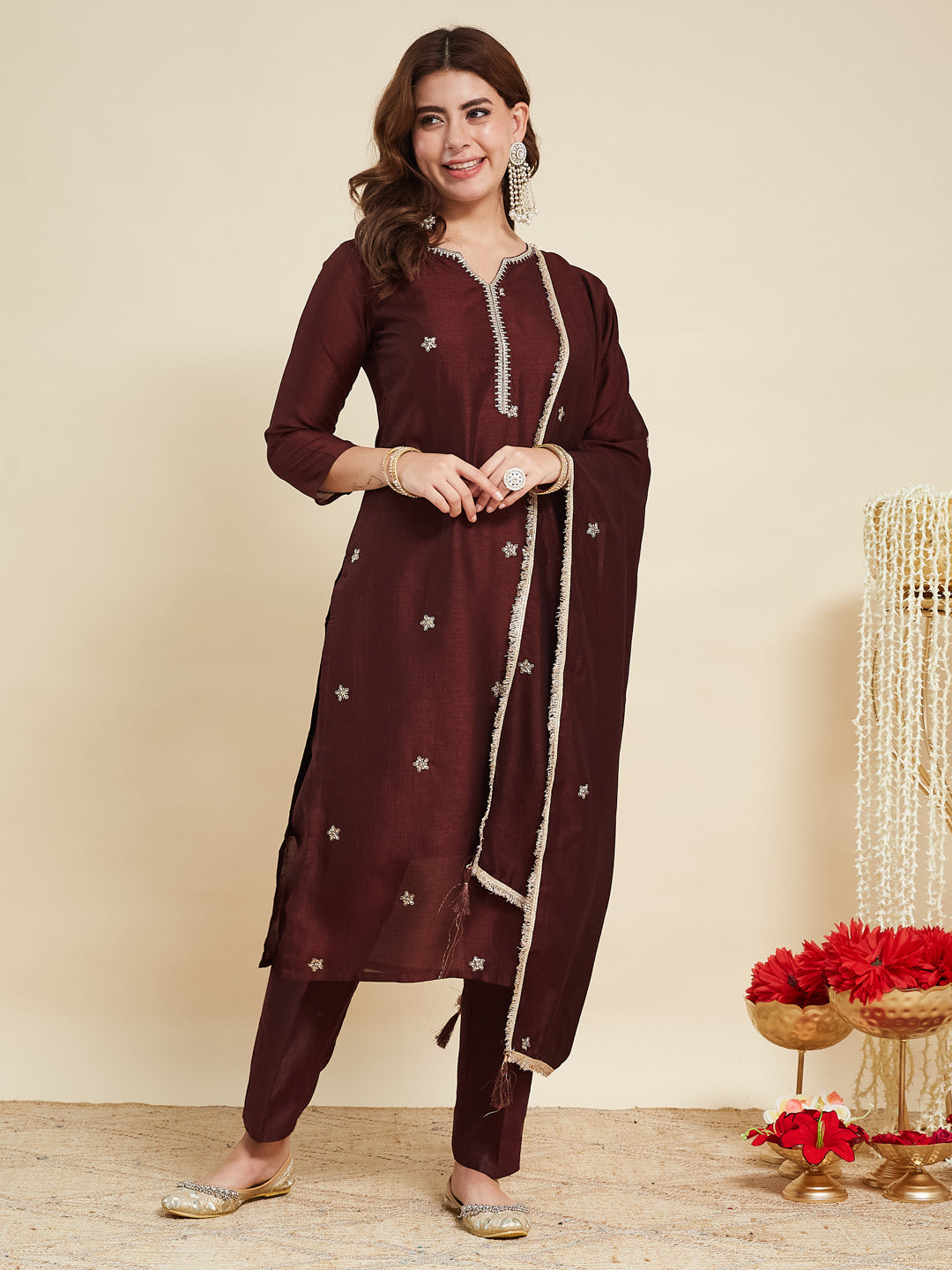 Coffee Embroidered Silk Kurta with Dupatta Set | silk kurta set for women | frontside full view
