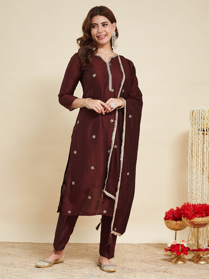 Coffee Embroidered Silk Kurta with Dupatta Set | silk kurta set for women | frontside full view