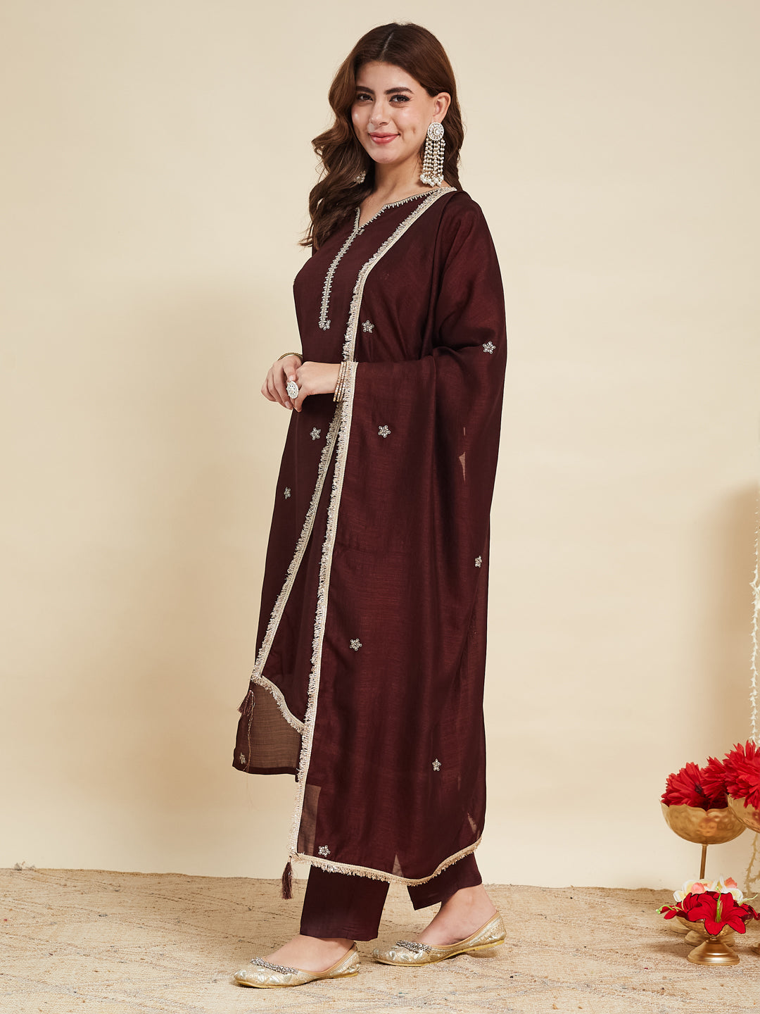 Coffee Embroidered Silk Kurta with Dupatta Set | silk kurta set for women |leftside  with oneside dupatta view