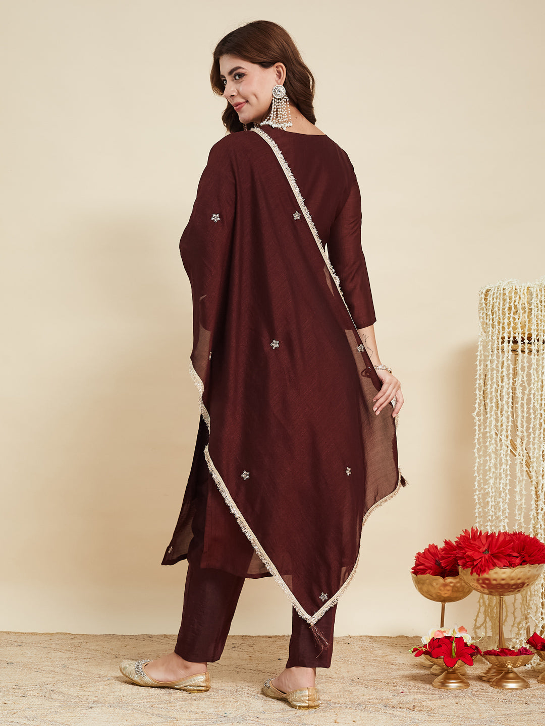 Coffee Embroidered Silk Kurta with Dupatta Set | silk kurta set for women | backside view