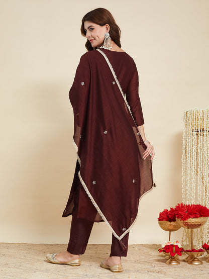 Coffee Embroidered Silk Kurta with Dupatta Set | silk kurta set for women | backside view