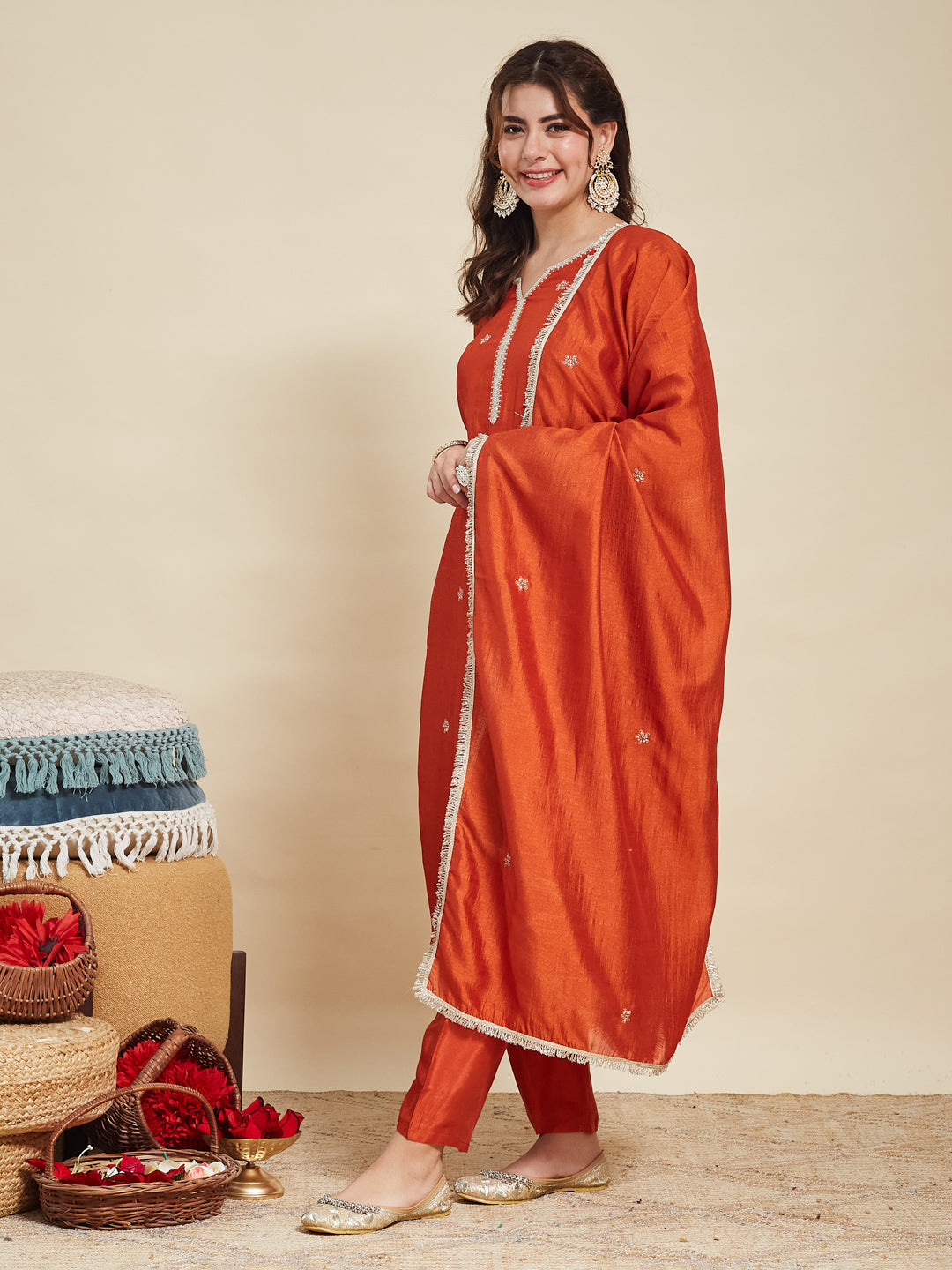 Orange Embroidered Silk Kurta with Dupatta Set | silk kurta set for women |leftside view with oneside dupatta