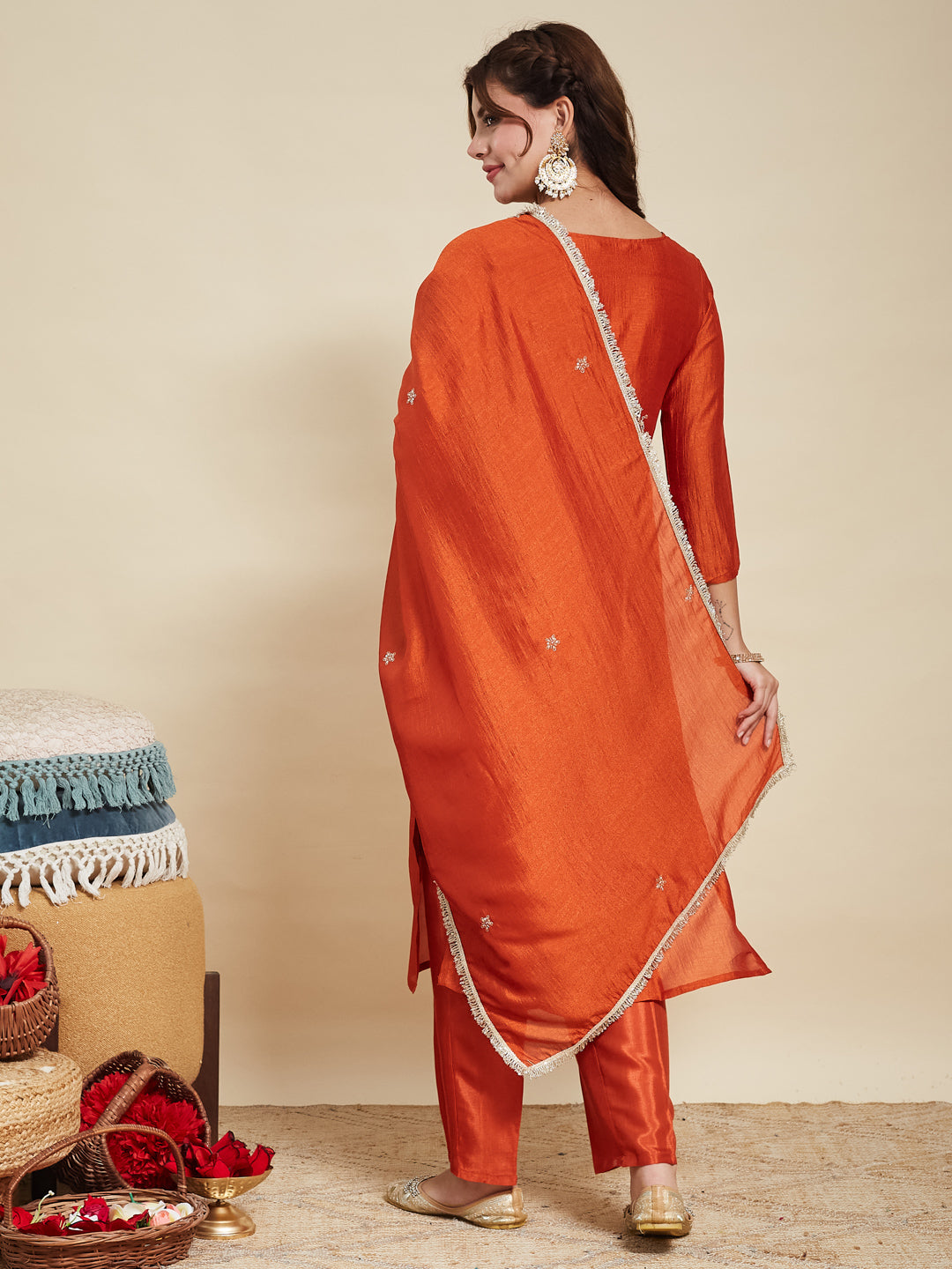 Orange Embroidered Silk Kurta with Dupatta Set | silk kurta set for women | backside view
