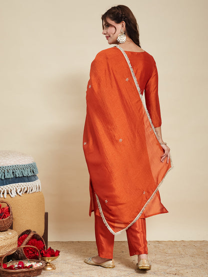 Orange Embroidered Silk Kurta with Dupatta Set | silk kurta set for women | backside view