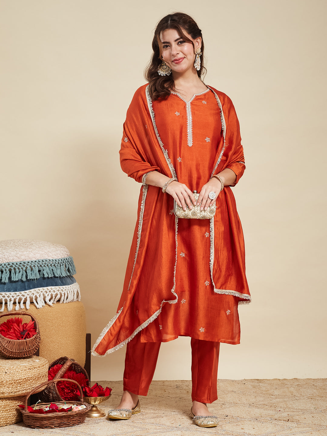 Orange Embroidered Silk Kurta with Dupatta Set | silk kurta set for women | frontside view with dupatta