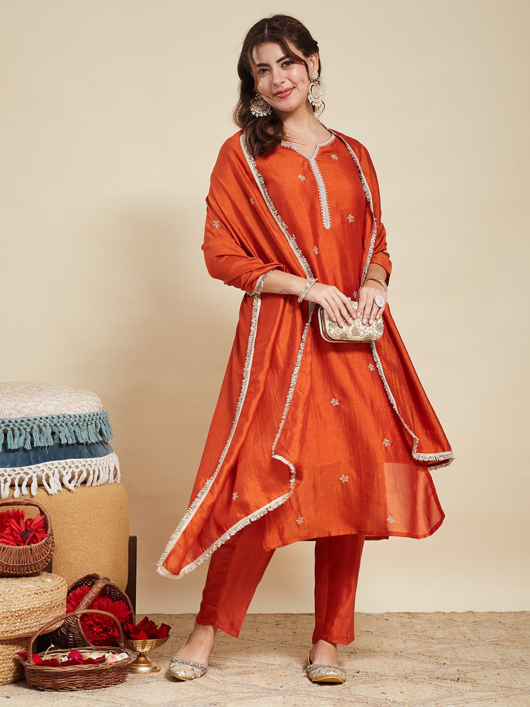 Orange Embroidered Silk Kurta with Dupatta Set | silk kurta set for women | frontside view