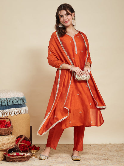 Orange Embroidered Silk Kurta with Dupatta Set | silk kurta set for women | frontside view
