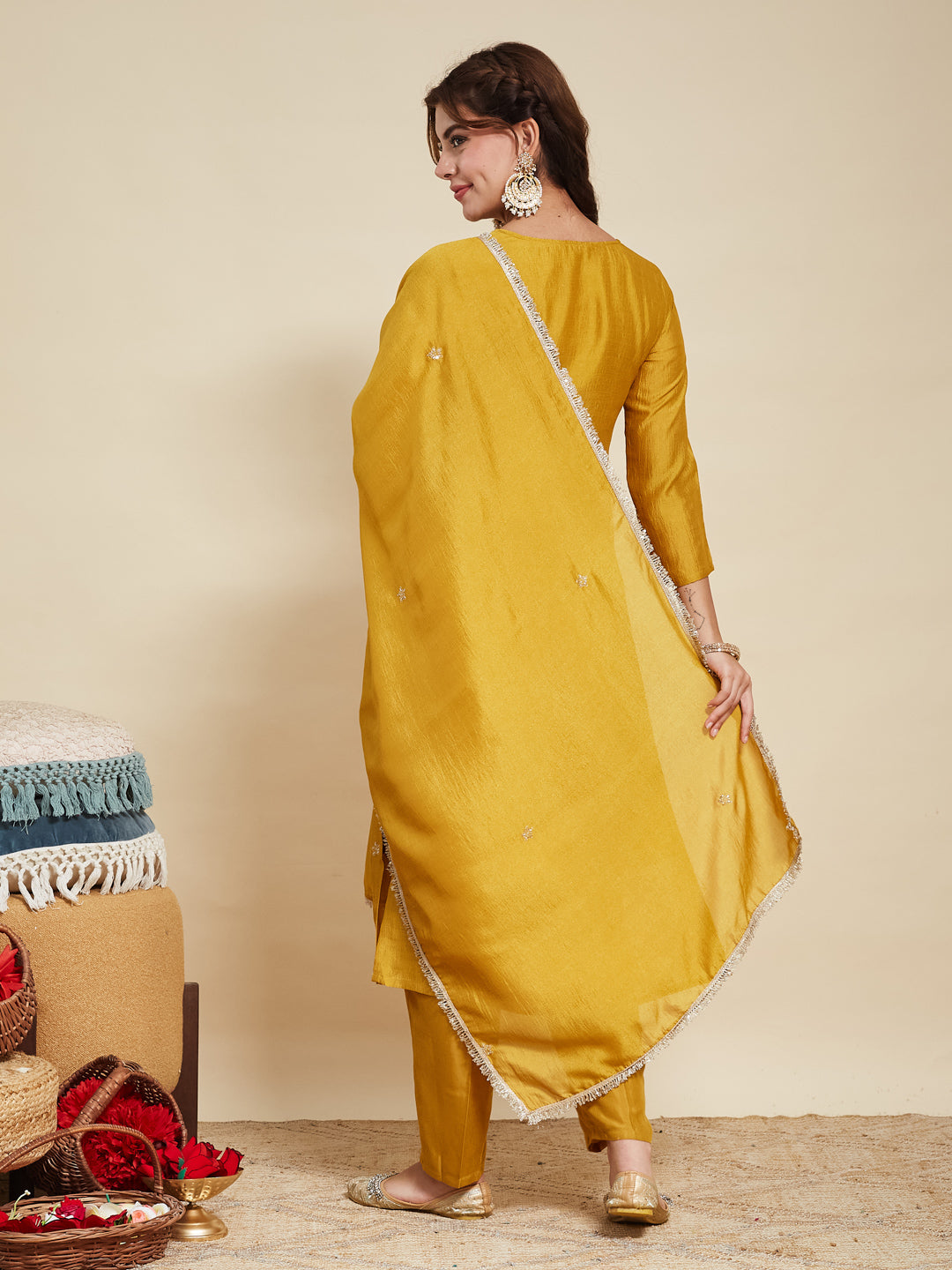 Light Mustard Embroidered Silk Kurta with Dupatta Set | silk kurta set for women | backside full view