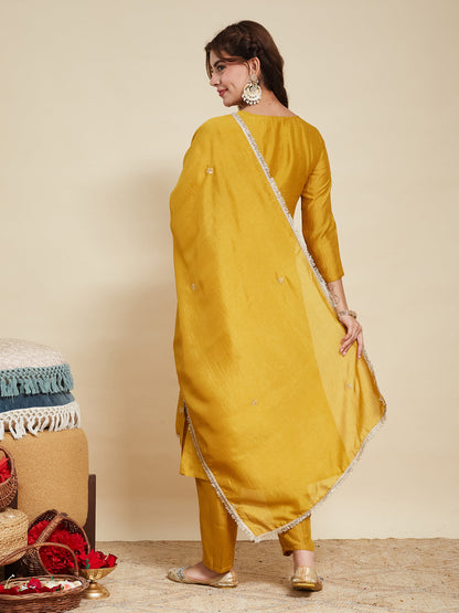 Light Mustard Embroidered Silk Kurta with Dupatta Set | silk kurta set for women | backside full view