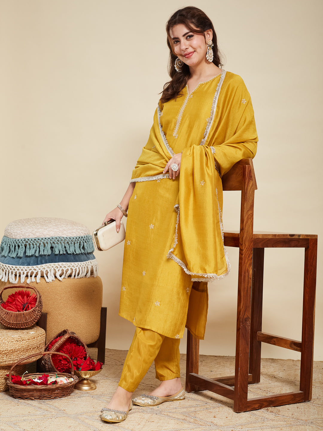 Light Mustard Embroidered Silk Kurta with Dupatta Set | silk kurta set for women | Frontside full view