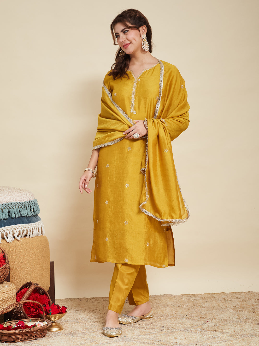 Light Mustard Embroidered Silk Kurta with Dupatta Set | silk kurta set for women | with dupatta view