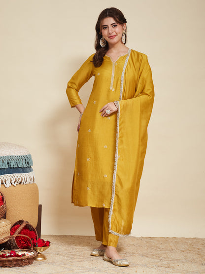 Light Mustard Embroidered Silk Kurta with Dupatta Set | silk kurta set for women | Frontside full view