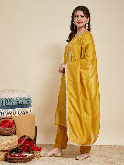 Light Mustard Embroidered Silk Kurta with Dupatta Set | silk kurta set for women | oneside dupatta full view