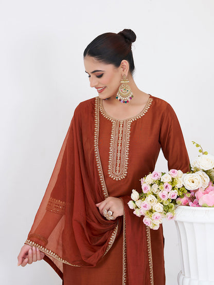 Coffee Embroidered Chinon Kurta with Dupatta Set | embroidered kurta set for women | Frontside half  view