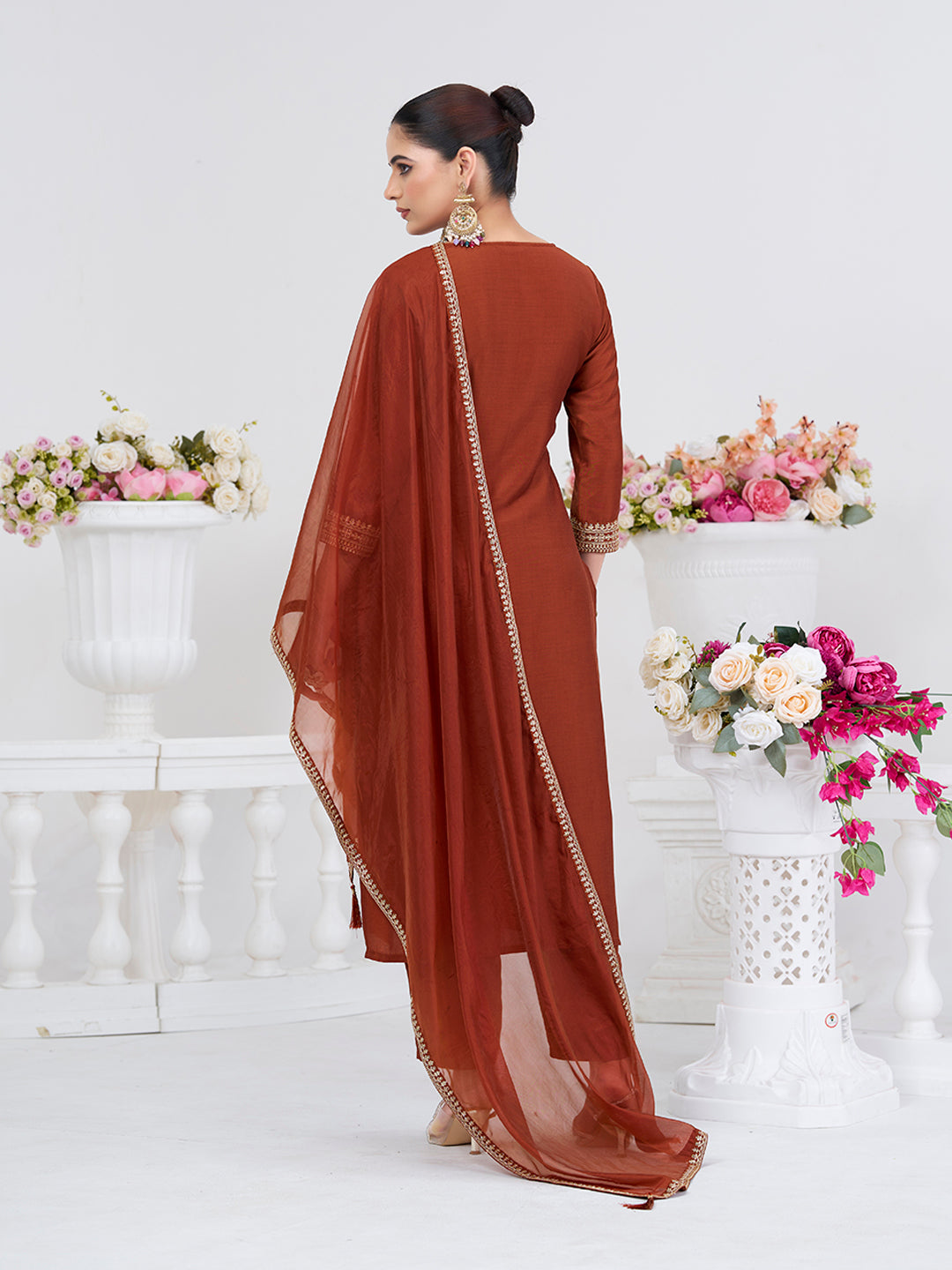 Coffee Embroidered Chinon Kurta with Dupatta Set | embroidered kurta set for women | backside view