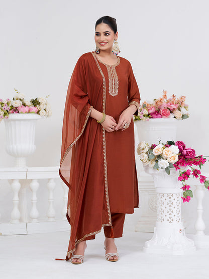 Coffee Embroidered Chinon Kurta with Dupatta Set | embroidered kurta set for women | Frontside view