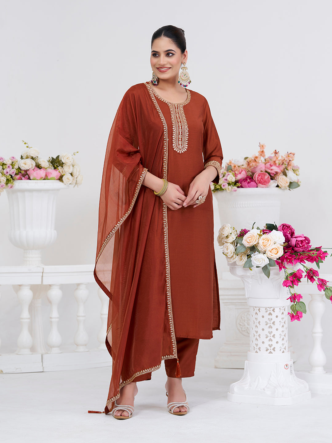 Coffee Embroidered Chinon Kurta with Dupatta Set | embroidered kurta set for women | Frontside view