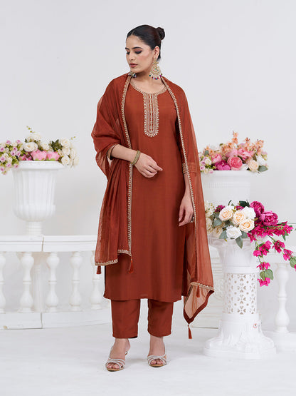 Coffee Embroidered Chinon Kurta with Dupatta Set | embroidered kurta set for women | Frontside view
