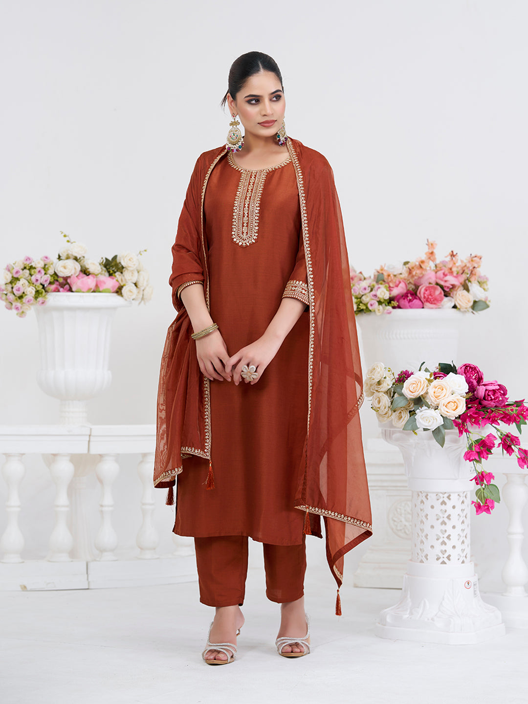 Coffee Embroidered Chinon Kurta with Dupatta Set | embroidered kurta set for women | Frontside view with dupatta 