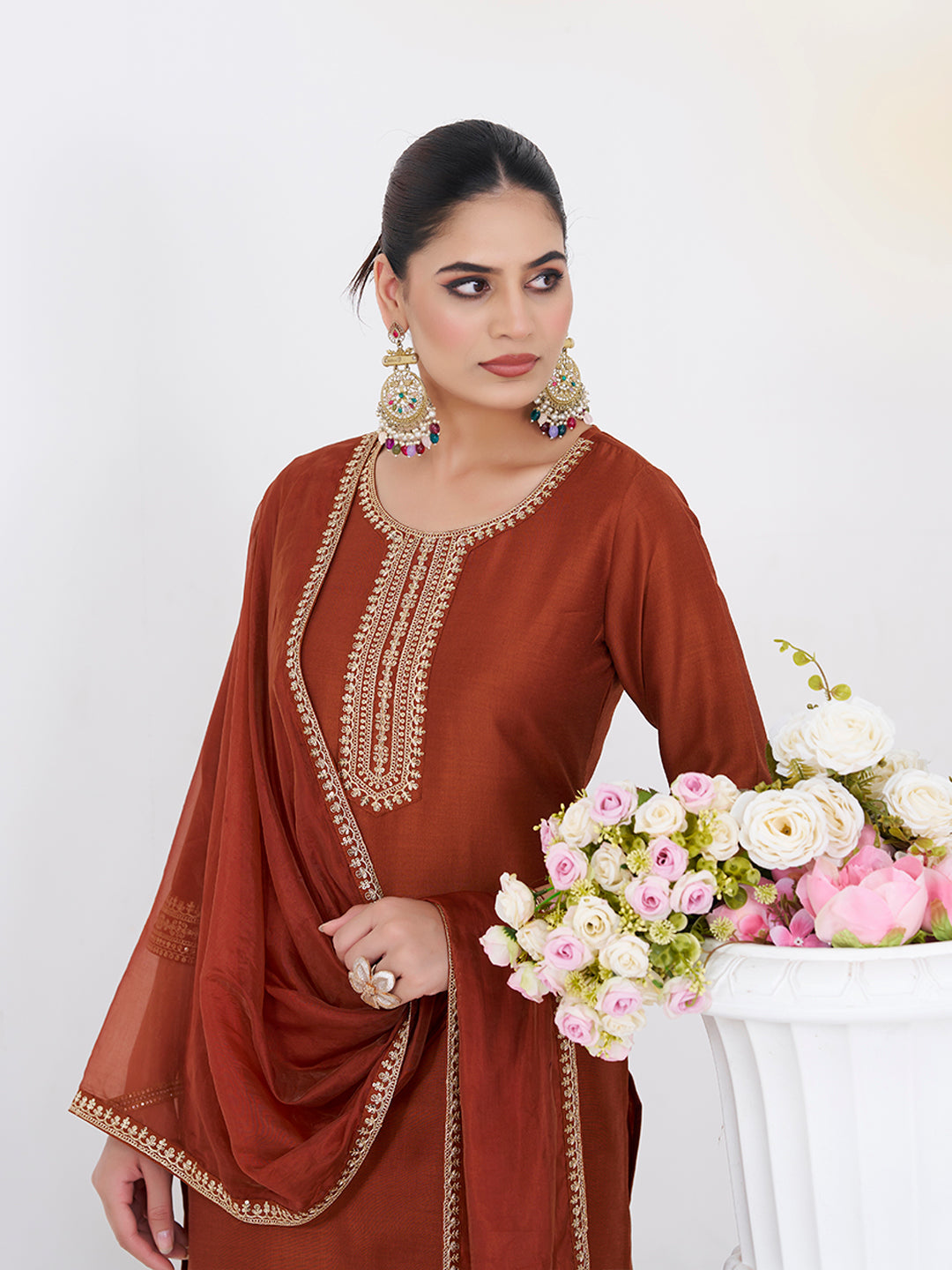 Coffee Embroidered Chinon Kurta with Dupatta Set | embroidered kurta set for women |leftside view