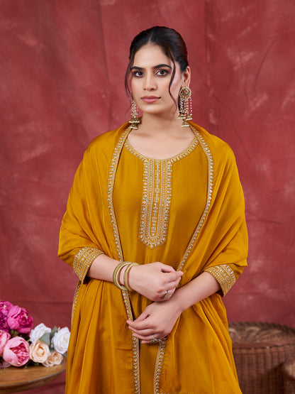 Mustard Embroidered Chinon Kurta with Dupatta Set | kurta sets for women | frontside half view