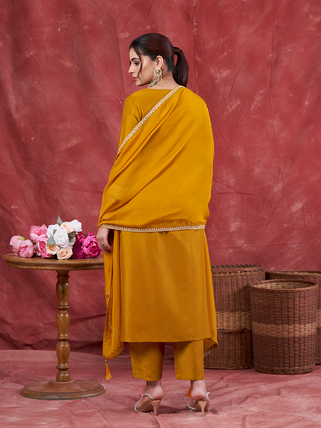 Mustard Embroidered Chinon Kurta with Dupatta Set | kurta sets for women | backside full view