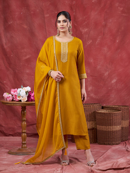 Mustard Embroidered Chinon Kurta with Dupatta Set | kurta sets for women | frontside full view with oneside dupatta 