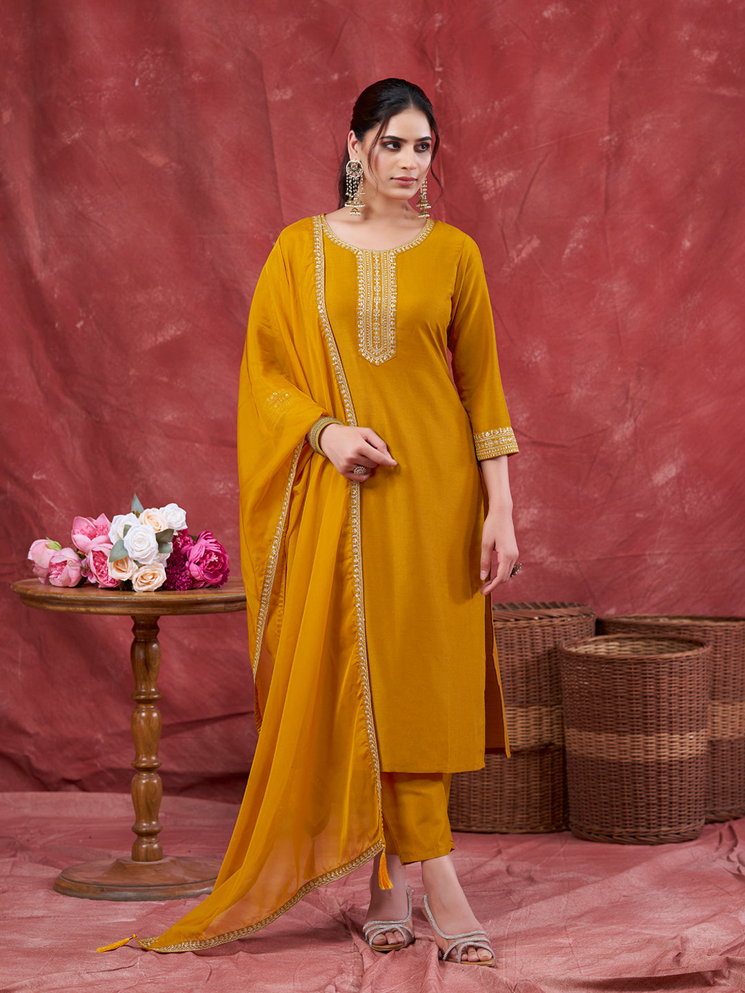 Mustard Embroidered Chinon Kurta with Dupatta Set | kurta sets for women | frontside full view