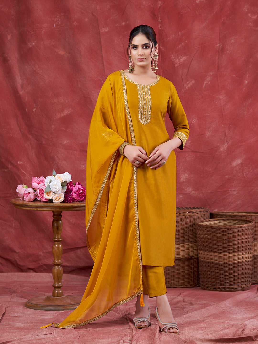 Mustard Embroidered Chinon Kurta with Dupatta Set | kurta sets for women | frontside full view